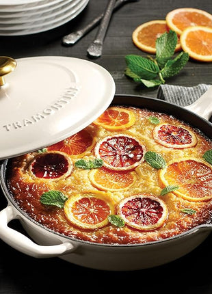 Tramontina Bestow Enameled Cast Iron Skillet with Lid, 10-inch Frying Pan, Latte with Gold Knob