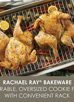 Rachael Ray Nonstick Bakeware Set without Grips, Nonstick Cookie Sheets / Baking Sheets and Cooling Rack - 2 Piece, Silver