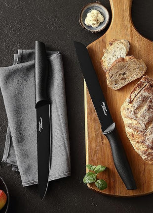 Kitchen Knife Set, KYA38 12-Piece Kitchen Knives Set with Covers, Marco Almond® 6 Knives with 6 Blade Guards, Stainless Steel Cooking Knives Set for Kitchen, Black