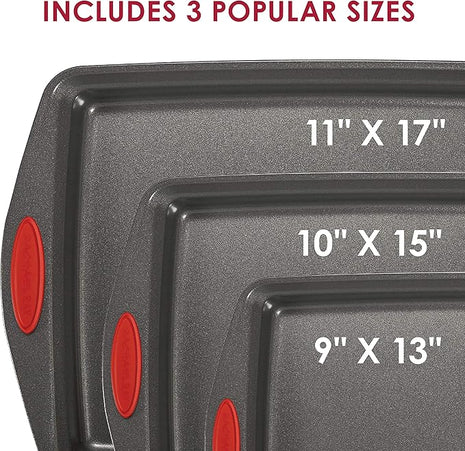 Rachael Ray Bakeware Nonstick Cookie Pan Set, 3-Piece, Gray with Red Grips