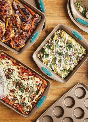 Rachael Ray 47578 Cucina Nonstick Bakeware Set with Grips Includes Nonstick Bread Pan, Baking Sheet, Cookie Sheet, Baking Pans, Cake Pan and Muffin Pan - 10 Piece, Latte Brown with Agave Blue Grips