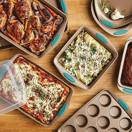Rachael Ray 47578 Cucina Nonstick Bakeware Set with Grips Includes Nonstick Bread Pan, Baking Sheet, Cookie Sheet, Baking Pans, Cake Pan and Muffin Pan - 10 Piece, Latte Brown with Agave Blue Grips