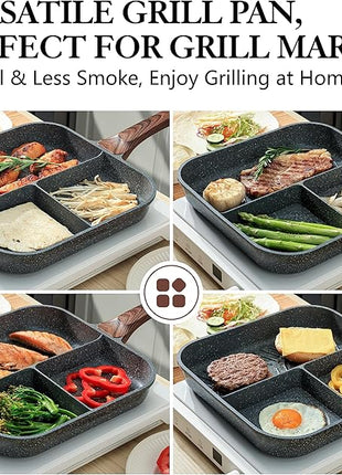 SENSARTE Nonstick Divided Grill Pan for Stove Tops, 3-Section Versatile Breakfast Grilling Pan, Durable Square Grill Skillet, Steak Griddle Pan, PFOA, PFOS, APEO Free, Induction Compatible, 9.5 Inch
