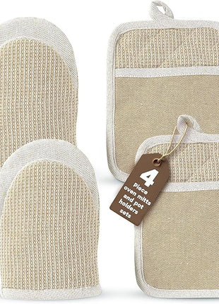 Casa Platino Mini Oven Mitts & Silicone Pot Holders, 4-Piece – Heat Resistant Gloves for Cooking & BBQ, Hot Pads for Kitchen – Withstands Up to 500°F, Non-Slip & Machine Washable – Beige