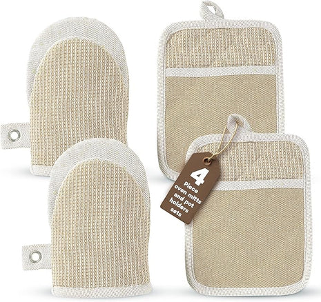 Casa Platino Mini Oven Mitts & Silicone Pot Holders, 4-Piece – Heat Resistant Gloves for Cooking & BBQ, Hot Pads for Kitchen – Withstands Up to 500°F, Non-Slip & Machine Washable – Beige