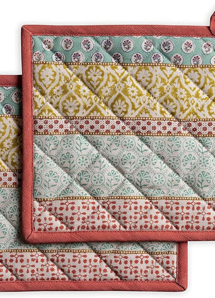 Maison d' Hermine Pot Holders Set 100% Cotton Heat Resistant Potholders 8" x 8" Hot Pads with Loop BBQ, Cooking, Baking, Grilling, Kitchen, Handling Hot Pans Spring/Summer (Pack of 2, Provence)