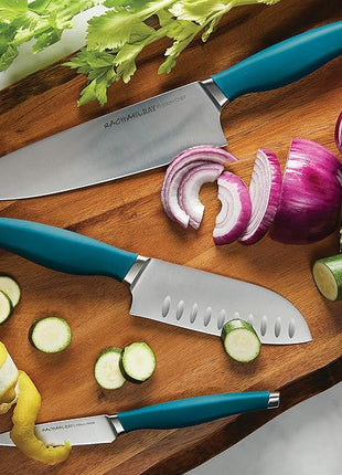 Rachael Ray Cutlery Japanese Stainless Steel Knives Set with Sheaths, 8-Inch Chef Knife, 5-Inch Santoku Knife, and 3.5-Inch Paring Knife, Teal