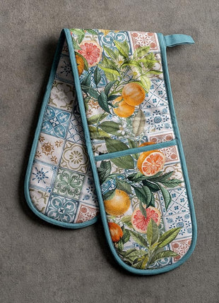 Maison d' Hermine Double Oven Mitts 100% Cotton 7"x35" Double Oven Mitt Heat Resistant BBQ Cooking Gloves with Loop, Baking, Grilling, Home, Kitchen, Handling Hot Pans Spring Summer (Agrume)