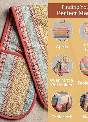 Maison d' Hermine Double Oven Mitts 100% Cotton 7"x35" Double Oven Mitt Heat Resistant BBQ Cooking Gloves with Loop, Baking, Grilling, Home, Kitchen, Handling Hot Pans Spring Summer (Provence)