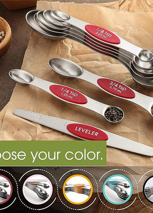 Spring Chef Red Stainless Steel Magnetic Measuring Spoons Set of 8 with Leveler, Dual Sided Nesting Teaspoon & Tablespoon Measuring Spoons, Kitchen Gadgets for Baking & Cooking, Fits in Spice Jars