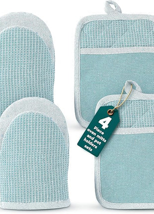 Casa Platino Silicone Oven Mitts & Pot Holders, 4-Piece – Oven Mitt for Baking & BBQ, Pot Holders for Kitchen, Hot Dishes & Microwave – Heat Resistant Up to 500°F, Non-Slip & Machine Washable – Aqua
