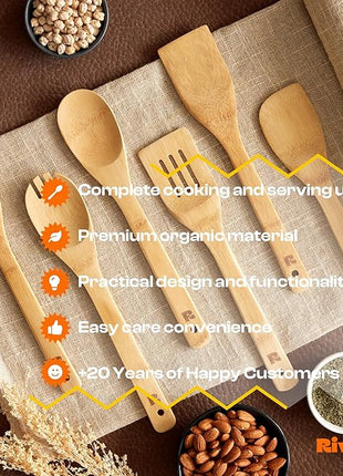 Riveira Bamboo Cooking Spoons 6-Piece – Wooden Cooking Utensils Set with Wooden Spoons for Cooking & Spatulas Wooden Utensil Sets – Premium Kitchen Utensils Set – Durable First Apartment Essentials