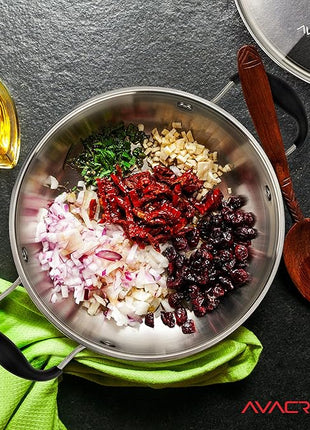 AVACRAFT 18/10 Stainless Steel Everyday Pan, Stir Fry Pan with Five-Ply Base, Chef’s Pan with Glass Lid, Multipurpose Stewpot Skillet, Saute Pan, Casserole in Pots and Pans (8 inch)