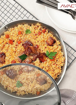 AVACRAFT 18/10 12 Inch Stainless Steel Frying Pan with Lid, Side Spouts, Induction Pan, Versatile Stainless Steel Skillet, Fry Pan in our Pots and Pans (12 inch)