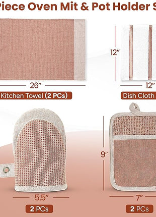 Casa Platino Potholders for Kitchens, 8-Piece – 500°F Heat Resistant Oven Mitts and Pot Holders, Mini Oven Mitts with Silicone Grip, 2 Kitchen Towels & 2 Dish Cloths – Durable & Non-Slip – Canyon Rose