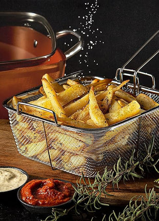 Moss & Stone 6 Pcs Copper Chef Cookware Non Stick Deep Frying Pan 9.5" x 3.5", Fry Basket, Steamer Rack, Dishwasher & Oven Safe, 5 Qt Deep Square Pot & Non Stick Pan, Induction Copper Cookware Set