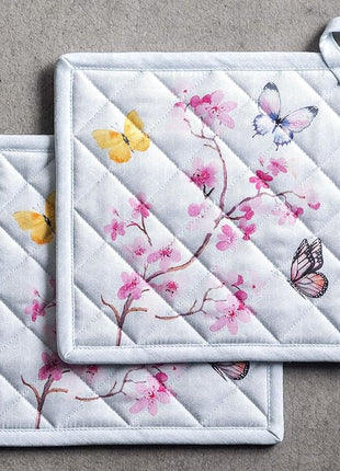 Maison d' Hermine Pot Holders 100% Cotton Heat Resistant Potholders 8" x 8" Hot Pads with Loop BBQ, Cooking, Baking, Grilling, Kitchen, Handling Hot Pans Spring/Summer (Pack of 1, Blossoms in Spring)