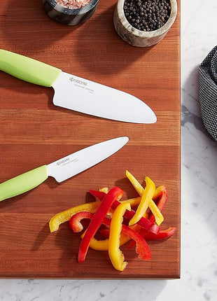 KYOCERA Revolution 2-Piece Ceramic Knife Set: Chef Knife For Your Cooking Needs, 5.5" Santoku and 4.5" Utility Knife, White Blades with Green Handles, White/Green