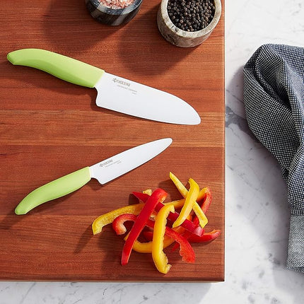 KYOCERA Revolution 2-Piece Ceramic Knife Set: Chef Knife For Your Cooking Needs, 5.5" Santoku and 4.5" Utility Knife, White Blades with Green Handles, White/Green