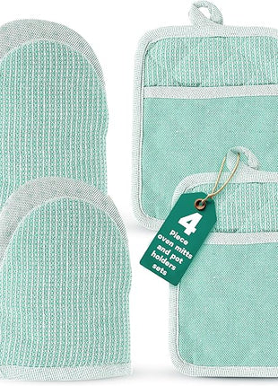 Casa Platino Heat Resistant Oven Mitts & Pot Holders, 4-Piece – Oven Mitt for Baking & BBQ, Potholders for Kitchens – Withstands Heat Up to 500°F, Soft, Durable & Non-Slip – Sage