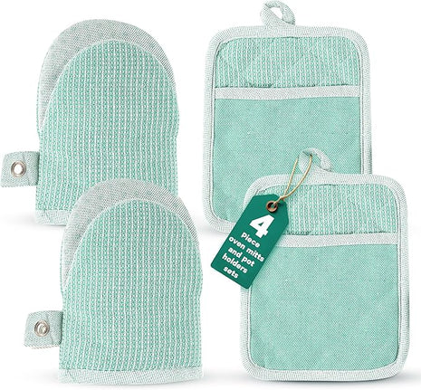 Casa Platino Heat Resistant Oven Mitts & Pot Holders, 4-Piece – Oven Mitt for Baking & BBQ, Potholders for Kitchens – Withstands Heat Up to 500°F, Soft, Durable & Non-Slip – Sage