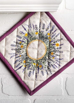 Maison d' Hermine Pot Holders Set 100% Cotton Heat Resistant Potholders 8" x 8" Hot Pads with Loop BBQ, Cooking, Baking, Grilling, Kitchen, Handling Hot Pans Spring/Summer (Pack of 2, Fanny Lavender)