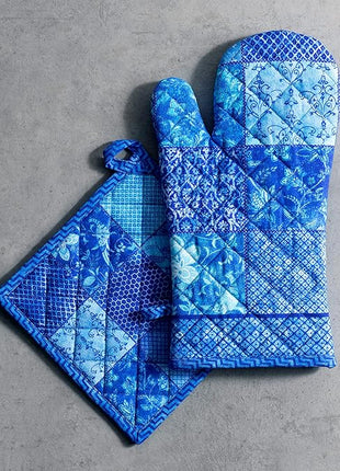Maison d' Hermine 100% Cotton Oven Mitt & Pot Holder Set (7.5"x13" & 8"x8") Heat Resistant BBQ Cooking Gloves with Loop, Baking, Grilling, Kitchen, Handling Hot Pans Spring/Summer (Indigo Love)