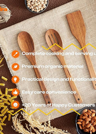 Riveira Teak Wooden Cooking Utensils Set of 3 Natural Teak Wooden Spoons & Spatula, Non-Toxic, Heat-Resistant, Scratch-Free for Non-Stick Cookware
