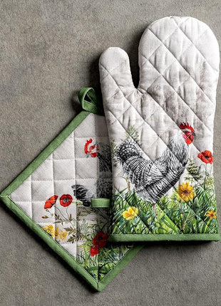 Maison d' Hermine 100% Cotton Oven Mitt & Pot Holder Set (7.5"x13" & 8"x8") Heat Resistant BBQ Cooking Gloves with Loop, Baking, Grilling, Kitchen, Handling Hot Pans Spring/Summer (Basse Cour)
