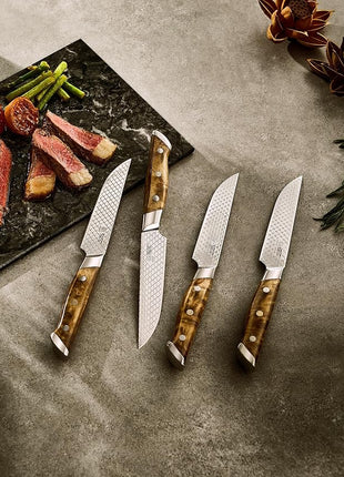 KYOKU 4.8" Steak Knife Set of 4 with Non-Stick Koi Scale Pattern, Japanese VG10 Stainless Steel Steak Knives with Sheath Gift Box, Shogun Koi Series Full Tang Knives for Steak with Camphorwood Handles