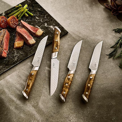 KYOKU 4.8" Steak Knife Set of 4 with Non-Stick Koi Scale Pattern, Japanese VG10 Stainless Steel Steak Knives with Sheath Gift Box, Shogun Koi Series Full Tang Knives for Steak with Camphorwood Handles