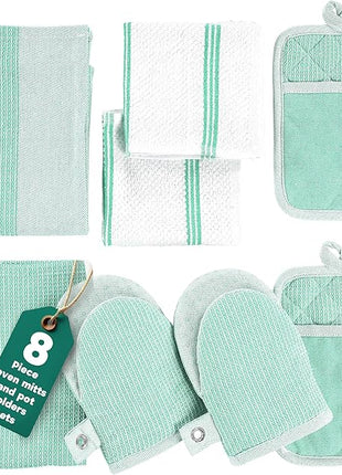 Casa Platino Potholders & Oven Mitts Heat Resistant, 8-Piece Mini Oven Mitts with Silicone Grip, Potholders for Kitchens, 2 Kitchen Towels & 2 Dish Cloths – Durable & Non-Slip – Sage