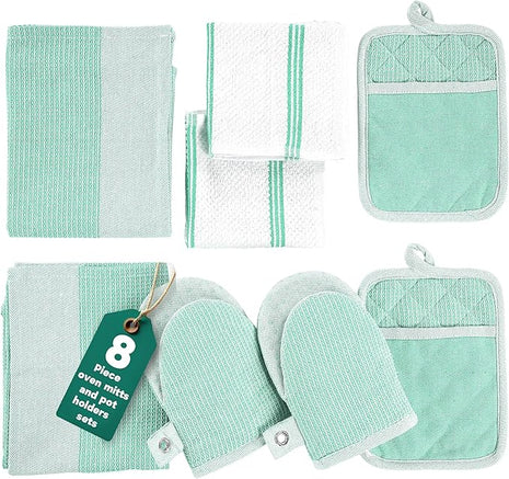 Casa Platino Potholders & Oven Mitts Heat Resistant, 8-Piece Mini Oven Mitts with Silicone Grip, Potholders for Kitchens, 2 Kitchen Towels & 2 Dish Cloths – Durable & Non-Slip – Sage