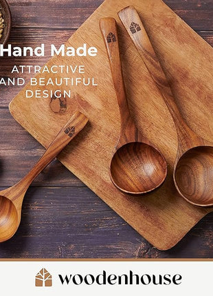 Wooden Ladle for Soup, 3 Size Teak Wood Ladle Spoon with Back Hooks for Pot & Bowl, Non-Stick Wooden Spoon Set for Cooking, Serving and Stirring