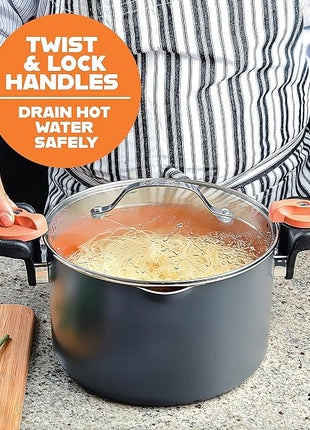 Gotham Steel 5 Quart Stock Pot Multipurpose Pasta Pot with Strainer Lid & Twist and Lock Handles, Nonstick Ceramic Surface Makes for Effortless Cleanup with Tempered Glass Lid, Dishwasher Safe