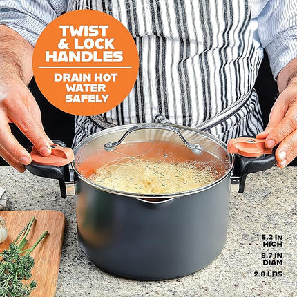 Gotham Steel 5 Quart Stock Pot Multipurpose Pasta Pot with Strainer Lid & Twist and Lock Handles, Nonstick Ceramic Surface Makes for Effortless Cleanup with Tempered Glass Lid, Dishwasher Safe