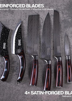 Jikko New Reinforced Carbon Steel Japanese Kitchen Knife Set – DiamondRazor Series – Ultra Sharp Japanese Knife Set & Chef Knife Set with Mahogany Wood Handles – Professional Chef's Knives