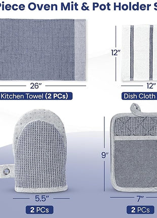 Casa Platino Mini Oven Mitts Set, 8-Piece – 500°F Heat Resistant Silicone Oven Mitts, Potholders for Kitchens, 2 Kitchen Towels & 2 Dish Cloths – Non-Slip & Durable – Indigo
