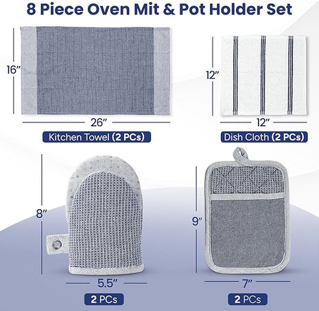 Casa Platino Mini Oven Mitts Set, 8-Piece – 500°F Heat Resistant Silicone Oven Mitts, Potholders for Kitchens, 2 Kitchen Towels & 2 Dish Cloths – Non-Slip & Durable – Indigo