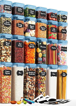 Chef's Path Airtight Food Containers with Lids (24 Pack - Blue) Kitchen Pantry Organization - BPA Free Food Storage Organizers for Cereal, Brown Sugar, Dry food - With Marker, Labels & Spoons