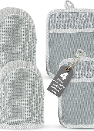 Casa Platino Heat Resistant Oven Mitts & Potholders, 4-Piece – Oven Mitts and Pot Holders Sets for Baking, Grilling & Microwave – Withstands Heat Up to 500°F, Non-Slip, Machine Washable – Grey