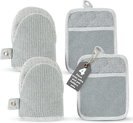 Casa Platino Heat Resistant Oven Mitts & Potholders, 4-Piece – Oven Mitts and Pot Holders Sets for Baking, Grilling & Microwave – Withstands Heat Up to 500°F, Non-Slip, Machine Washable – Grey