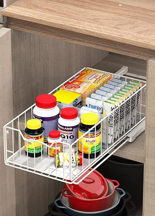 Simple Houseware Pull-Out Cabinet Sliding Basket Organizer, 17.2" D x 9.7" W x 5" H – White, Ideal for Kitchen and Bathroom Cabinet Storage, Under Sink or Pantry Organization