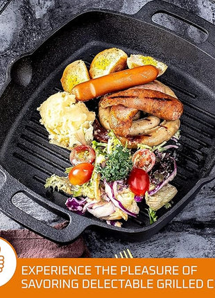 Bruntmor 10 Inch Square Cast Iron Grill Pan Steak Pan Pre Seasoned Grill Pan with Easy Grease Drain Spout, with Large Loop Handles for Grilling Bacon, Steak, and Meats