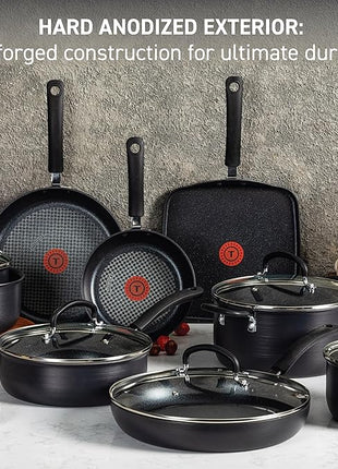 T-fal Ultimate Hard Anodized Nonstick Cookware Set 12 Piece, Oven Broiler Safe 400F, Lid Safe 350F, Kitchen Cooking Set w/Fry Pans, Saucepans, Dutch Oven, Pots and Pans, Dishwasher Safe, Black