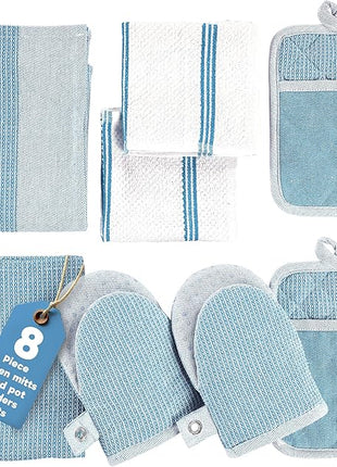 Casa Platino Silicone Oven Mitts Set, 8-Piece – 500°F Heat Resistant Mini Oven Mitt Set, Potholders for Kitchens, 2 Kitchen Towels & 2 Dish Cloths – Durable, Non-Slip & Machine Washable – Cornflower