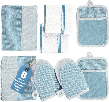 Casa Platino Silicone Oven Mitts Set, 8-Piece – 500°F Heat Resistant Mini Oven Mitt Set, Potholders for Kitchens, 2 Kitchen Towels & 2 Dish Cloths – Durable, Non-Slip & Machine Washable – Cornflower