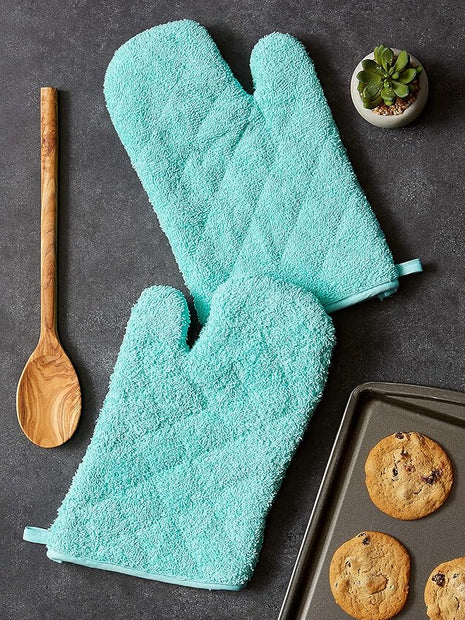 DII Basic Terry Collection 100% Cotton Quilted, Oven Mitt, Aqua, 2 Piece