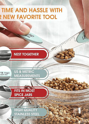 Spring Chef Stainless Steel Magnetic Measuring Spoons Set of 8 with Leveler, Metal Teaspoon & Tablespoon Measuring Spoons, Fits in Spice Jars, Kitchen Gadgets for Baking & Cooking - Set of 2 - Mint