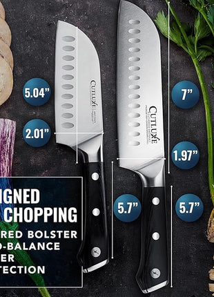 Cutluxe Santoku Knife Set – 7" Chopping Knife and 5" Vegetable Knife – Multipurpose Kitchen Knives – High Carbon German Steel, Full Tang & Ergonomic Handle Design – Artisan Series